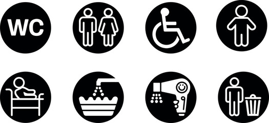 Fototapeta premium Public restroom navigation icon set featuring bathroom symbols for toilet disability baby care and hand washing