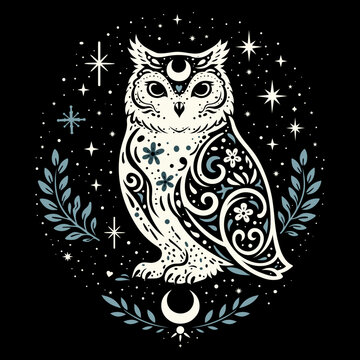 Schneeeule mit Sternen und floralen Ornamenten als mystische Vektor Illustration
