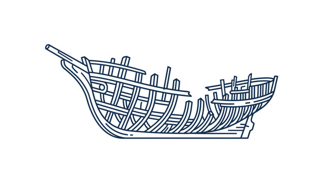 Illustration of a broken wooden ship hull skeleton outline.