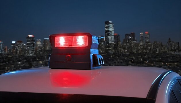 Blue and red light flasher atop of a police car. City lights on the background, created with generative ai