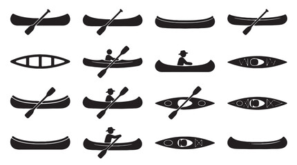 Canoe and kayak silhouette icons set, 16 black vector boat symbols with paddles and rowers, outdoor water sports equipment for lake and river recreation © Rosie