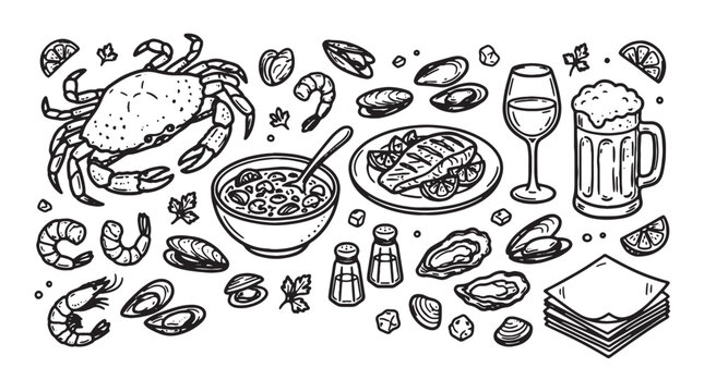 Hand drawn seafood collection, black and white line art of crab, shrimp, and mussels, fresh fish and shellfish vector set for restaurant menu design
