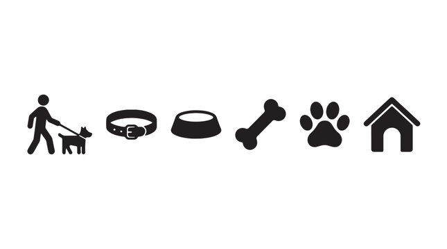 Minimalist dog care icon set, black pet shop vector symbols, canine walking and grooming collection, animal shelter and veterinary graphics