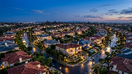Obraz premium Aerial view of luxury tile roof house community at twilight