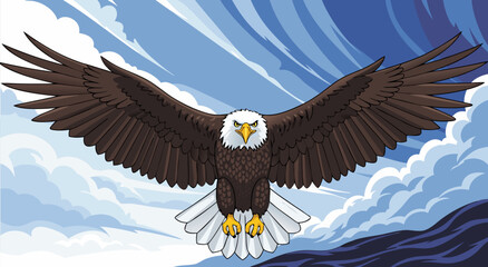 Naklejka premium Majestic bald eagle in flight, a powerful vector illustration capturing its spread wings against a dramatic, cloudy sky, symbolizing strength and freedom in nature