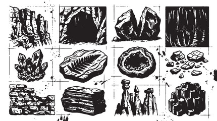 Rock, stone, and cave vector icons, black and white illustrations, geology and landscape elements, 12-piece set © Rosie