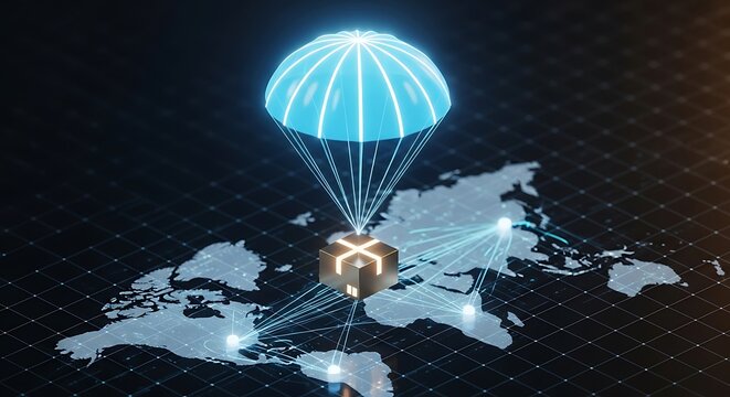 A package delivery box falling with a blue parachute onto a digital world map showing global shipping and logistics network connections