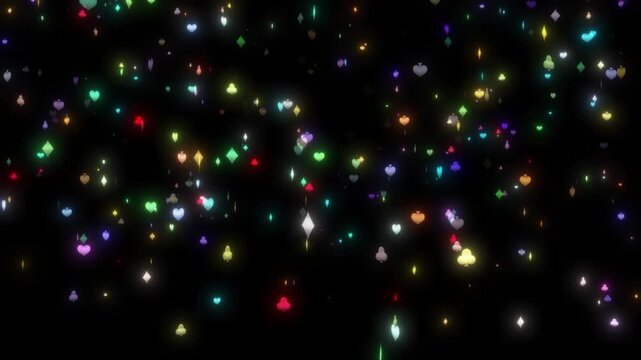 Glowing playing card suits floating downwards in a smooth motion sequence representing casino entertainment and magical luck based gaming