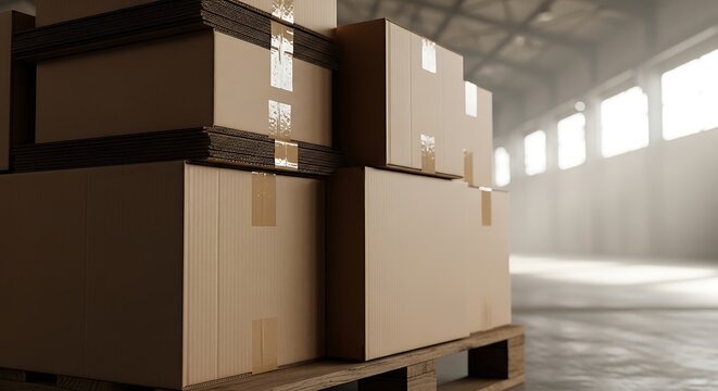 Stack of brown cardboard boxes on a wooden pallet inside a bright industrial warehouse