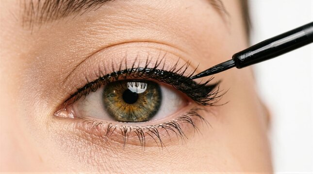 Woman applying black liquid eyeliner to eyelid. Close up of eye makeup application. Beauty tutorial for makeup artist and cosmetic product concept. Skin care and daily facial routine.