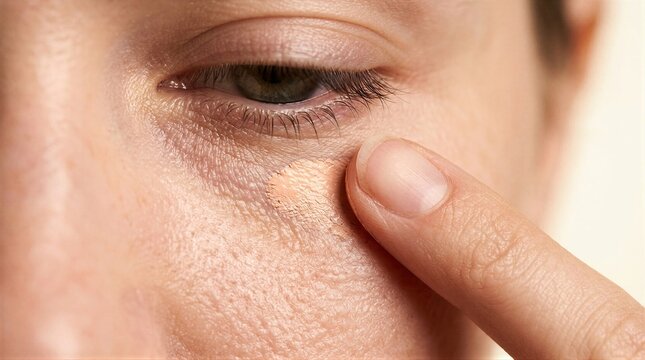 Woman applying liquid concealer or foundation under eye. Skincare routine and daily makeup application. Cosmetic product for face skin correction and dark circle concealing aesthetic.
