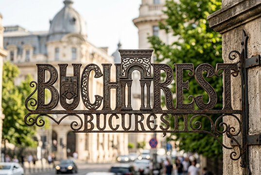 Bucharest Street Sign with Historic Buildings