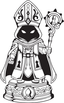 Fantasy Bishop Chess Piece Illustration, Stylized Cleric Mascot Character with Staff and Mitre, Black and White Vector Art for Gaming and Apparel