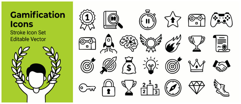 Gamification icon set linear vector black line art elements featuring gaming badges trophies targets and rewards for user engagement UI UX design motivating achievement progress and interactive concep