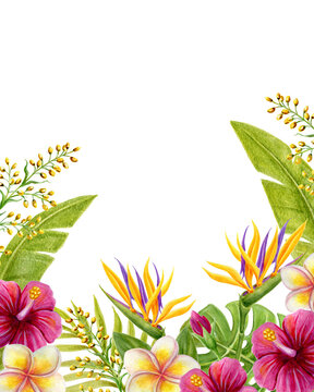 Tropical flowers frame. Floral tropics ornament. Watercolor painting with pink Hibiscus flowers and palm leaves. Tropic summer composition.