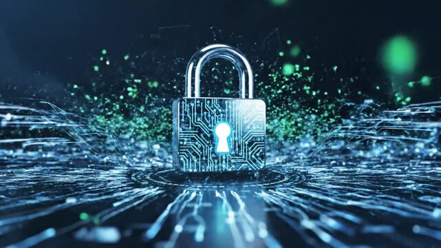Digital padlock representing cybersecurity and data protection with network nodes