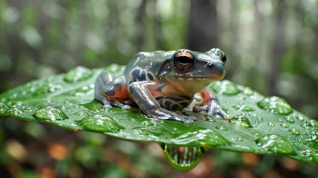 A translucent glass frog with visible organs rests on a dewy green leaf in a lush forest setting