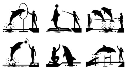 Dolphin show silhouette, Set of marine park instructor silhouettes directing a dolphin during a pool show performance with hand commands © Uttham