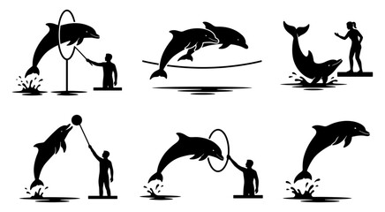 Vector set of trained dolphin show silhouettes jumping over a rope and leaping through a hoop during an oceanarium show performance © Uttham