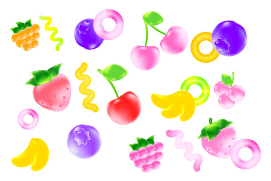 Cute 3d fruit jelly candy set, juicy transparent gummy, isolated icon, chewy vitamins sweets transparent background. Fresh yummy fruits, cherry, strawberry, blueberry, raspberry, banana, grape flavor