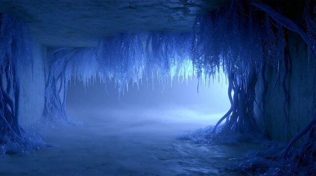An underground cavern is illuminated entirely by soft holographic fog and crystalline roots growing through the landscape, creating a surreal and otherworldly atmosphere.