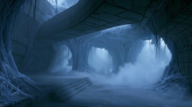 An underground cavern is illuminated entirely by soft holographic fog and crystalline roots growing through the landscape, creating a surreal and otherworldly atmosphere.