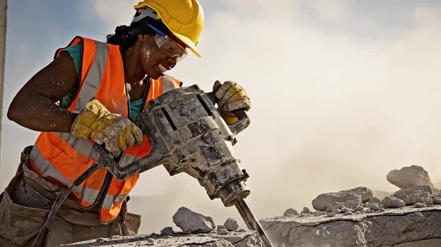 Determined construction worker in yellow hardhat and safety vest operates a powerful jackhammer on a demolition site with dust and debris flying.