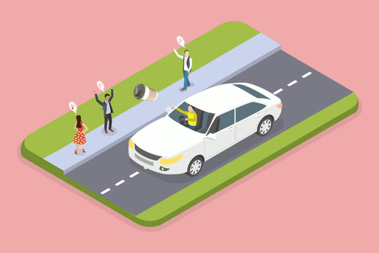 3D Isometric Flat Vector Illustration of Littering From Vehicle, Person Recklessly Discarding Litter From Car While Driving