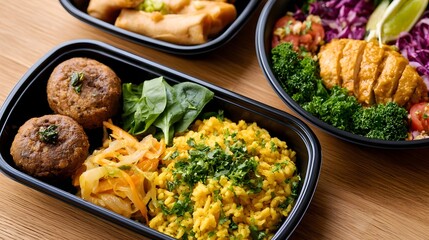 Fototapeta premium A vibrant and wholesome meal box featuring fresh pasta leafy greens and vegetables arranged on a rustic wooden surface