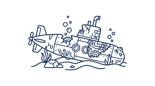 Illustration of a sunken submarine underwater with bubbles and seaweed.