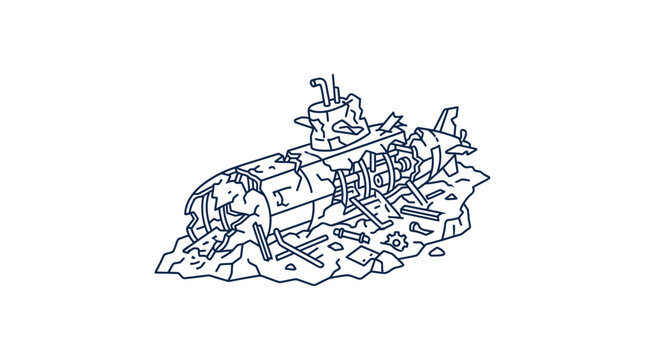 Illustration of a sunken submarine wreck on the seabed.