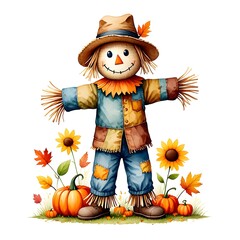 Naklejka premium Whimsical Scarecrow with Pumpkins and Sunflowers in Autumn