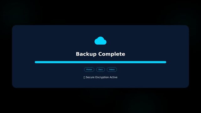 Cloud backup interface animation. Data sync progress bar. Professional UI elements