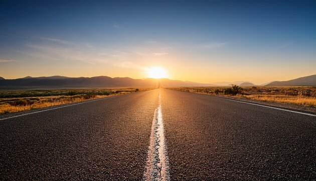 Empty Road Stretches Toward Horizon With Bright Sun Setting Ahead Symbolizing New Beginnings And Journey To Success Through Vast Uncharted Landscapes From Eye Level Perspective