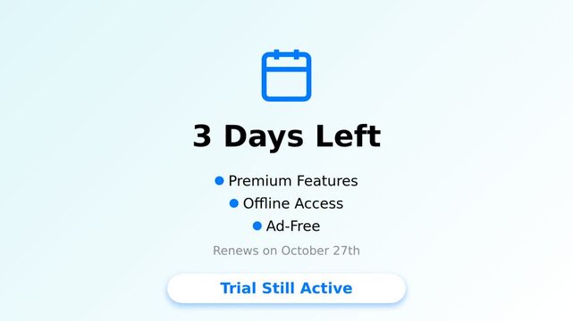 Mobile trial expiration notification with calendar icon and benefit list. Minimalist flat interface animation with blue and white color palette. Software subscription status update