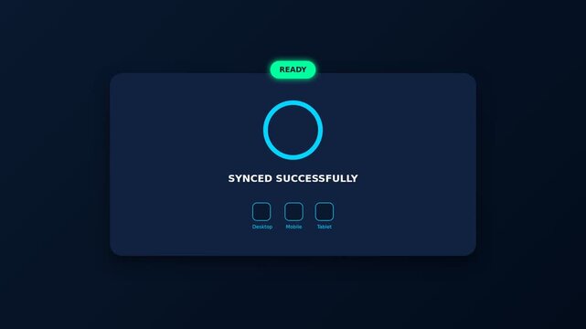 Cloud synchronization dashboard with status indicator and device connectivity. Modern flat UI motion graphics. Professional interface animation for tech software presentations 