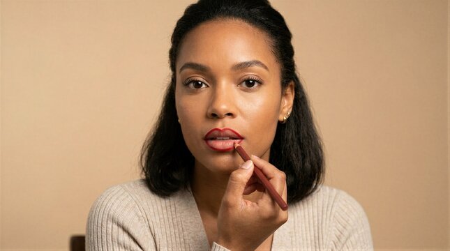 African american woman applying red lip liner to her lips. Professional makeup tutorial concept. Beauty routine of a young lady at home. Skincare and self care cosmetic advertisement.