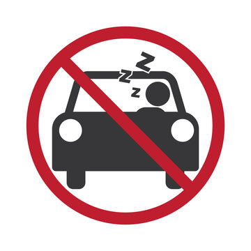 Isolated prohibition sign showing sleeping person inside car indicating no sleeping while driving, preventing accidents and vehicle gas hazards