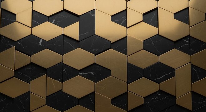 Geometric Hexagonal Pattern with Gold and Black Marble Tiles.