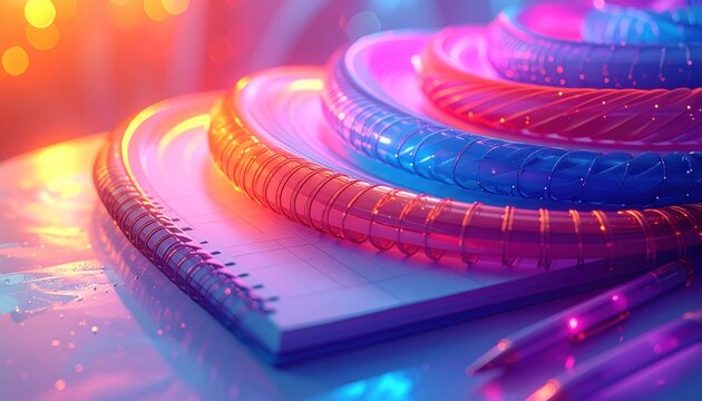 Colorful spiral-bound notebook stack with pens and bokeh in vibrant light