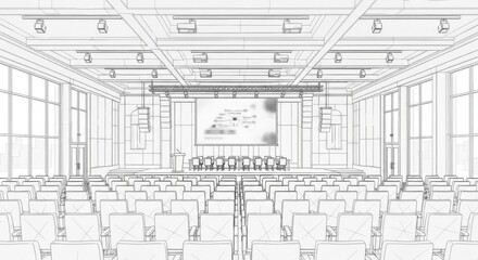 Fototapeta premium sketch of a conference room with a stage and chairs