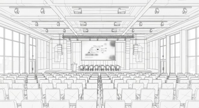 sketch of a conference room with a stage and chairs