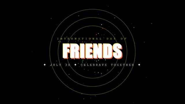 International friendship day text typography animation for celebration events with expanding rings and bursting stars on green background