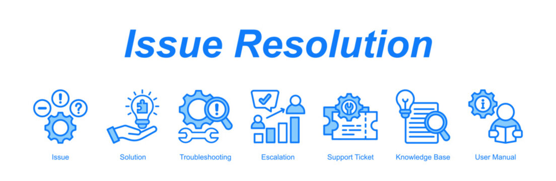 Issue Resolution web banner icon vector illustration concept for with icon of Issue, Solution, Troubleshooting, Escalation, Support Ticket, Knowledge Base, U.