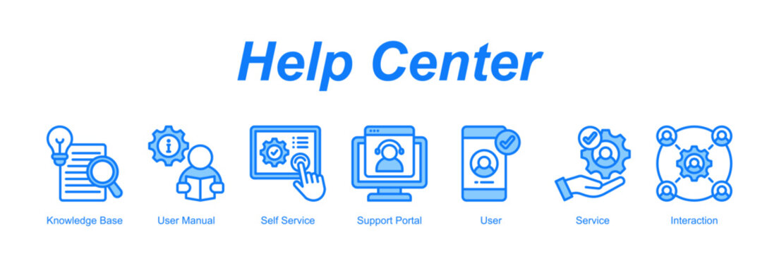 Help Center web banner icon vector illustration concept for with icon of Knowledge Base, User Manual, Self Service, Support Portal, User, S.