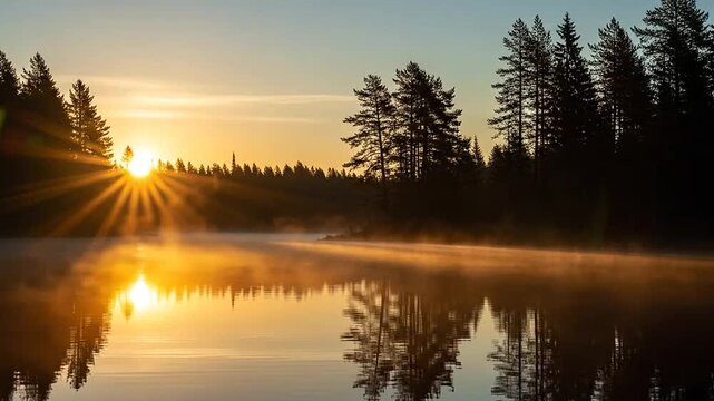 Serene lake at sunrise with trees.