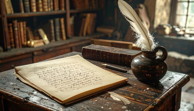 Antique Roman Writing Desk Scene with Quill, Inkwell, and Open Manuscript Demonstrating Historical Scribe's Work