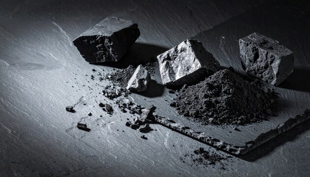 Artful arrangement of raw graphite chunks and powdered carbon on a slate tile emphasizing natural texture and industrial potential