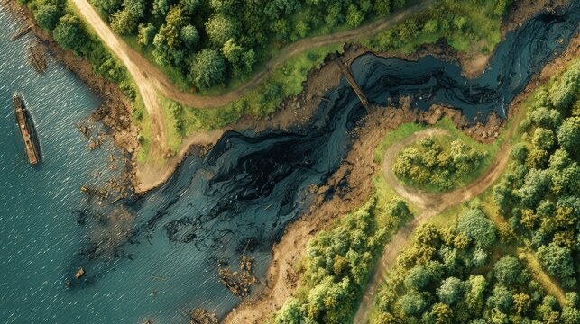 River delta shows dark crude oil flowing into sea with green mangroves lining banks, highlighting the impact of the oil spill on the environment.