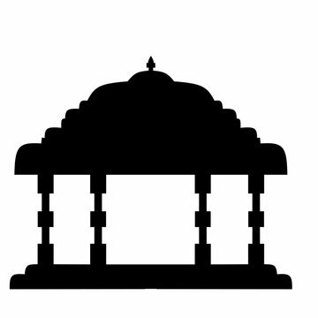 Traditional Indian Temple Pavilion Silhouette with Stepped Dome and Carved Pillars, Ancient Hindu Architectural Facade Isolated on White for Cultural Design, History, and Spiritual Projects.